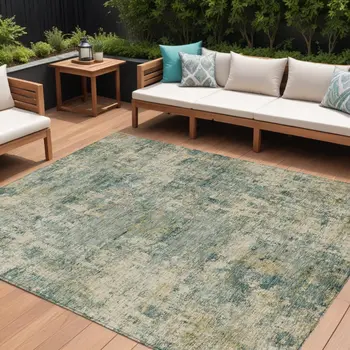 10' X 14' Artichoke Green And Teal Blue Abstract Washable Indoor Outdoor Area Rug