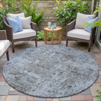 8' Blue And Taupe Round Abstract Washable Indoor Outdoor Area Rug
