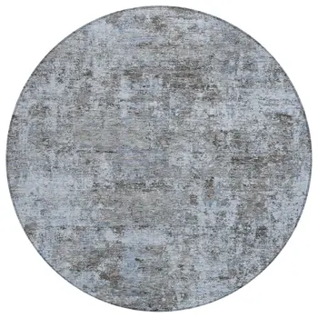 8' Blue And Taupe Round Abstract Washable Indoor Outdoor Area Rug