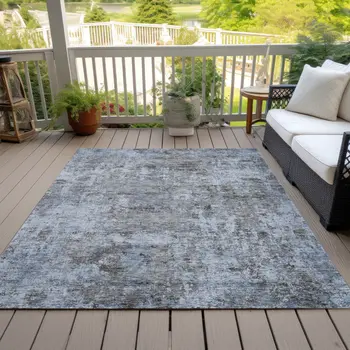 8' X 10' Blue And Taupe Abstract Washable Indoor Outdoor Area Rug