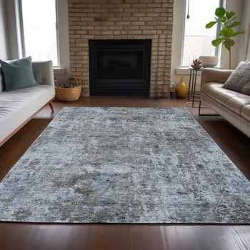 10' X 14' Blue And Taupe Abstract Washable Indoor Outdoor Area Rug