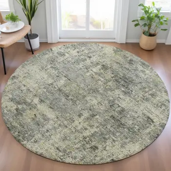 8' Pewter And Beige Round Abstract Washable Indoor Outdoor Area Rug