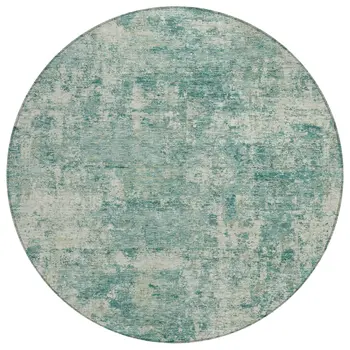 8' Teal Blue And Beige Round Abstract Washable Indoor Outdoor Area Rug