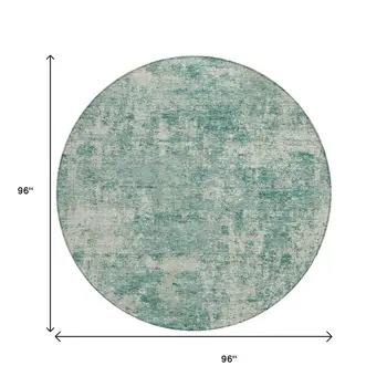 8' Teal Blue And Beige Round Abstract Washable Indoor Outdoor Area Rug