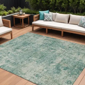 8' X 10' Teal Blue And Beige Abstract Washable Indoor Outdoor Area Rug