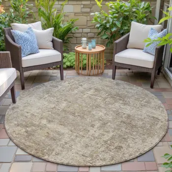 8' Taupe And Beige Round Abstract Washable Indoor Outdoor Area Rug