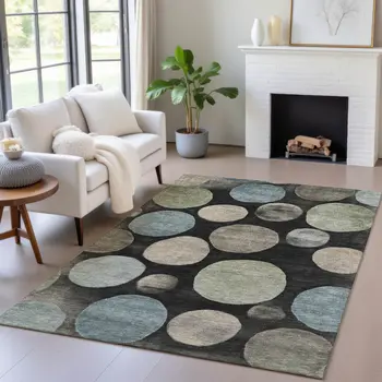 3' X 5' Black Fern Green And Teal Blue Geometric Washable Indoor Outdoor Area Rug