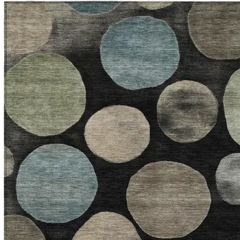 5' X 8' Black Fern Green And Teal Blue Geometric Washable Indoor Outdoor Area Rug