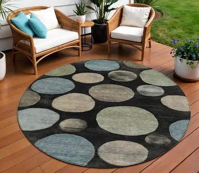 8' Black Fern Green And Teal Blue Round Geometric Washable Indoor Outdoor Area Rug
