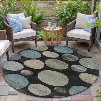 8' Black Fern Green And Teal Blue Round Geometric Washable Indoor Outdoor Area Rug