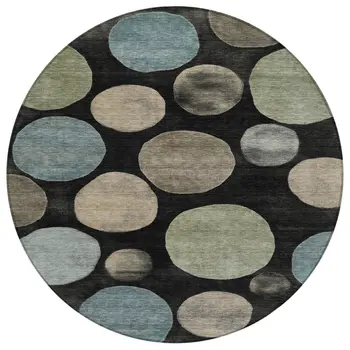8' Black Fern Green And Teal Blue Round Geometric Washable Indoor Outdoor Area Rug