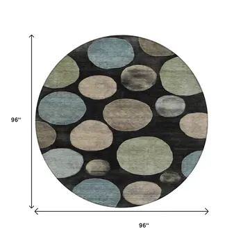 8' Black Fern Green And Teal Blue Round Geometric Washable Indoor Outdoor Area Rug
