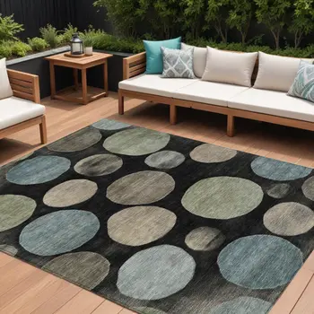 9' X 12' Black Fern Green And Teal Blue Geometric Washable Indoor Outdoor Area Rug
