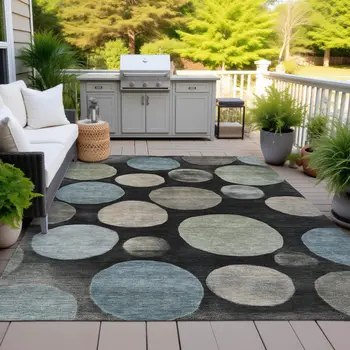9' X 12' Black Fern Green And Teal Blue Geometric Washable Indoor Outdoor Area Rug
