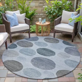 8' Blue And Gray Round Geometric Washable Indoor Outdoor Area Rug