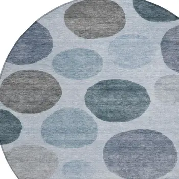 8' Blue And Gray Round Geometric Washable Indoor Outdoor Area Rug