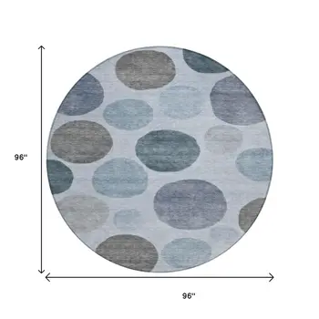 8' Blue And Gray Round Geometric Washable Indoor Outdoor Area Rug