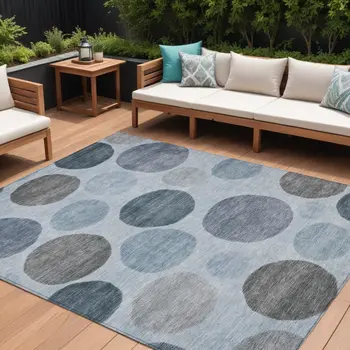 9' X 12' Blue And Gray Geometric Washable Indoor Outdoor Area Rug