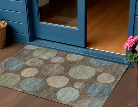 3' X 5' Chocolate Fern Green And Teal Blue Geometric Washable Indoor Outdoor Area Rug