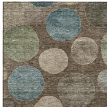 5' X 8' Chocolate Fern Green And Teal Blue Geometric Washable Indoor Outdoor Area Rug