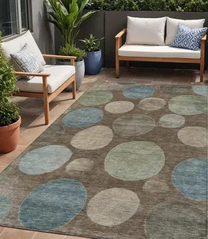 5' X 8' Chocolate Fern Green And Teal Blue Geometric Washable Indoor Outdoor Area Rug