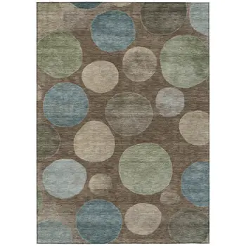 5' X 8' Chocolate Fern Green And Teal Blue Geometric Washable Indoor Outdoor Area Rug