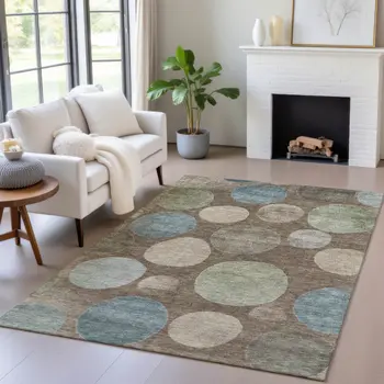 5' X 8' Chocolate Fern Green And Teal Blue Geometric Washable Indoor Outdoor Area Rug