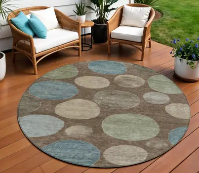 8' Chocolate Fern Green And Teal Blue Round Geometric Washable Indoor Outdoor Area Rug