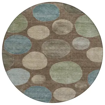 8' Chocolate Fern Green And Teal Blue Round Geometric Washable Indoor Outdoor Area Rug