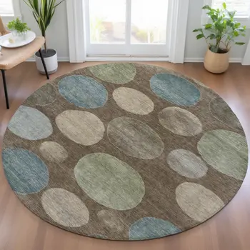 8' Chocolate Fern Green And Teal Blue Round Geometric Washable Indoor Outdoor Area Rug