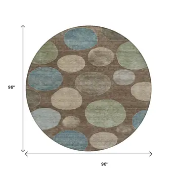 8' Chocolate Fern Green And Teal Blue Round Geometric Washable Indoor Outdoor Area Rug