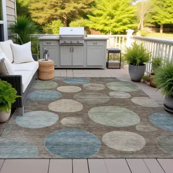 8' X 10' Chocolate Fern Green And Teal Blue Geometric Washable Indoor Outdoor Area Rug
