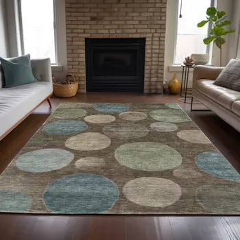 8' X 10' Chocolate Fern Green And Teal Blue Geometric Washable Indoor Outdoor Area Rug