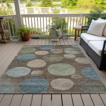 8' X 10' Chocolate Fern Green And Teal Blue Geometric Washable Indoor Outdoor Area Rug