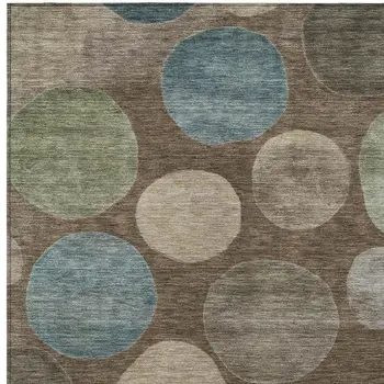 9' X 12' Chocolate Fern Green And Teal Blue Geometric Washable Indoor Outdoor Area Rug