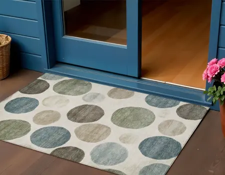 3' X 5' Ivory Fern Green And Teal Blue Geometric Washable Indoor Outdoor Area Rug