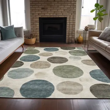 3' X 5' Ivory Fern Green And Teal Blue Geometric Washable Indoor Outdoor Area Rug