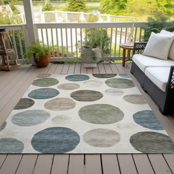 3' X 5' Ivory Fern Green And Teal Blue Geometric Washable Indoor Outdoor Area Rug