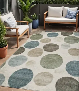 5' X 8' Ivory Fern Green And Teal Blue Geometric Washable Indoor Outdoor Area Rug