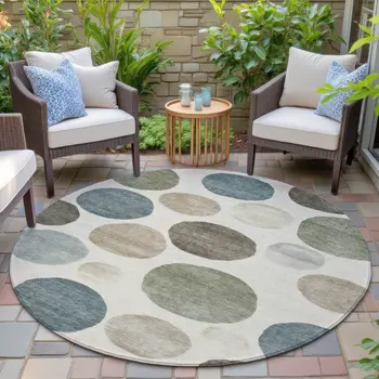 8' Ivory Fern Green And Teal Blue Round Geometric Washable Indoor Outdoor Area Rug