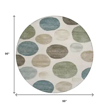 8' Ivory Fern Green And Teal Blue Round Geometric Washable Indoor Outdoor Area Rug