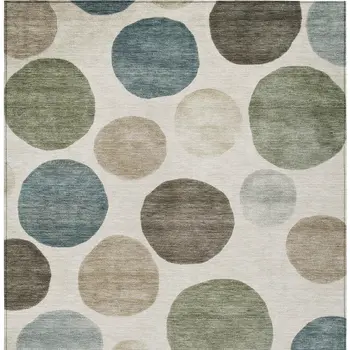 8' X 10' Ivory Fern Green And Teal Blue Geometric Washable Indoor Outdoor Area Rug