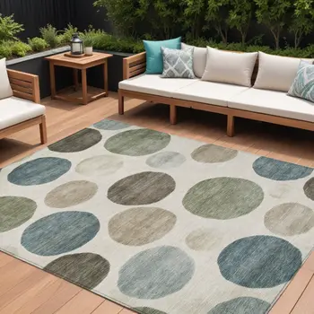 10' X 14' Ivory Fern Green And Teal Blue Geometric Washable Indoor Outdoor Area Rug