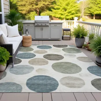 10' X 14' Ivory Fern Green And Teal Blue Geometric Washable Indoor Outdoor Area Rug