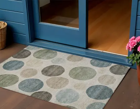 3' X 5' Khaki Fern Green And Teal Blue Geometric Washable Indoor Outdoor Area Rug