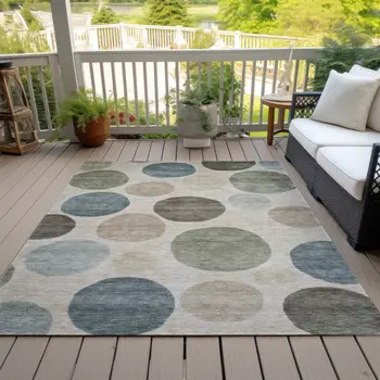 3' X 5' Khaki Fern Green And Teal Blue Geometric Washable Indoor Outdoor Area Rug