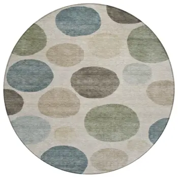 8' Khaki Fern Green And Teal Blue Round Geometric Washable Indoor Outdoor Area Rug