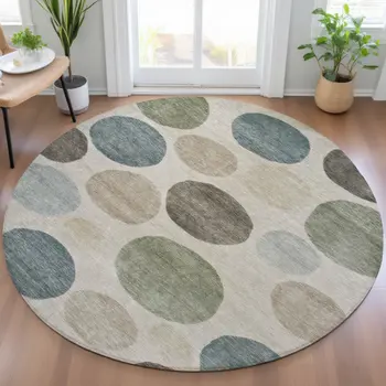 8' Khaki Fern Green And Teal Blue Round Geometric Washable Indoor Outdoor Area Rug