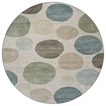 8' Khaki Fern Green And Teal Blue Round Geometric Washable Indoor Outdoor Area Rug