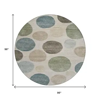 8' Khaki Fern Green And Teal Blue Round Geometric Washable Indoor Outdoor Area Rug